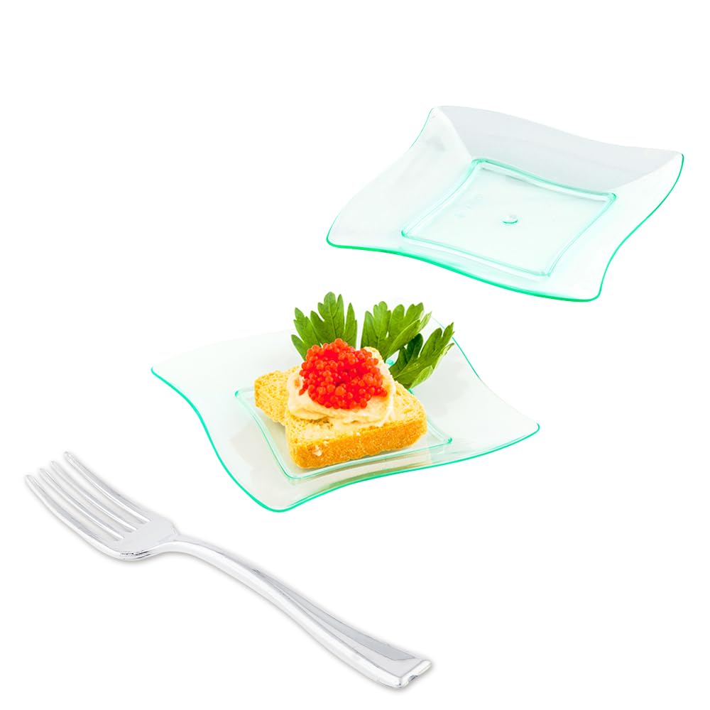 Disposable Dessert Plates and Cake Forks Set 200 Pcs Seagreen