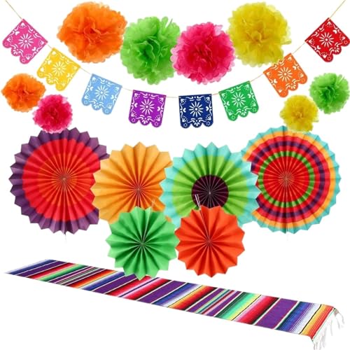 Paper Fan Party Decoration Set with Rainbow Tassel Garland and Banner 6 Pcs