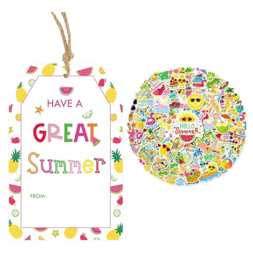 Anwyll 50Pcs Summer Gift Tags with String + 300Pcs Vinyl Summer Stickers