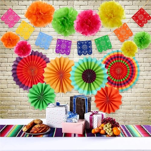 Paper Fan Party Decoration Set with Rainbow Tassel Garland and Banner 6 Pcs