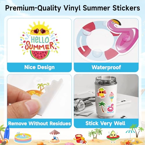 Anwyll 50Pcs Summer Gift Tags with String + 300Pcs Vinyl Summer Stickers