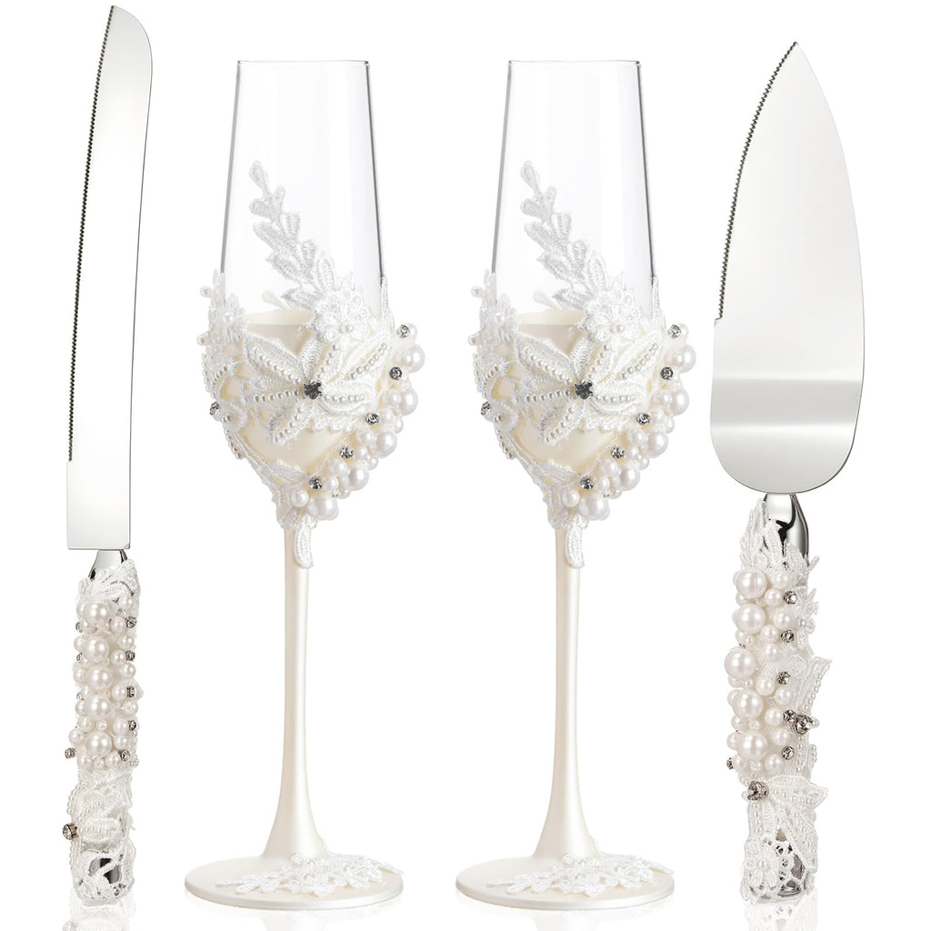 Pearl Wedding Champagne Flutes and Cake Server Set 4 Piece Bridal Gift Set