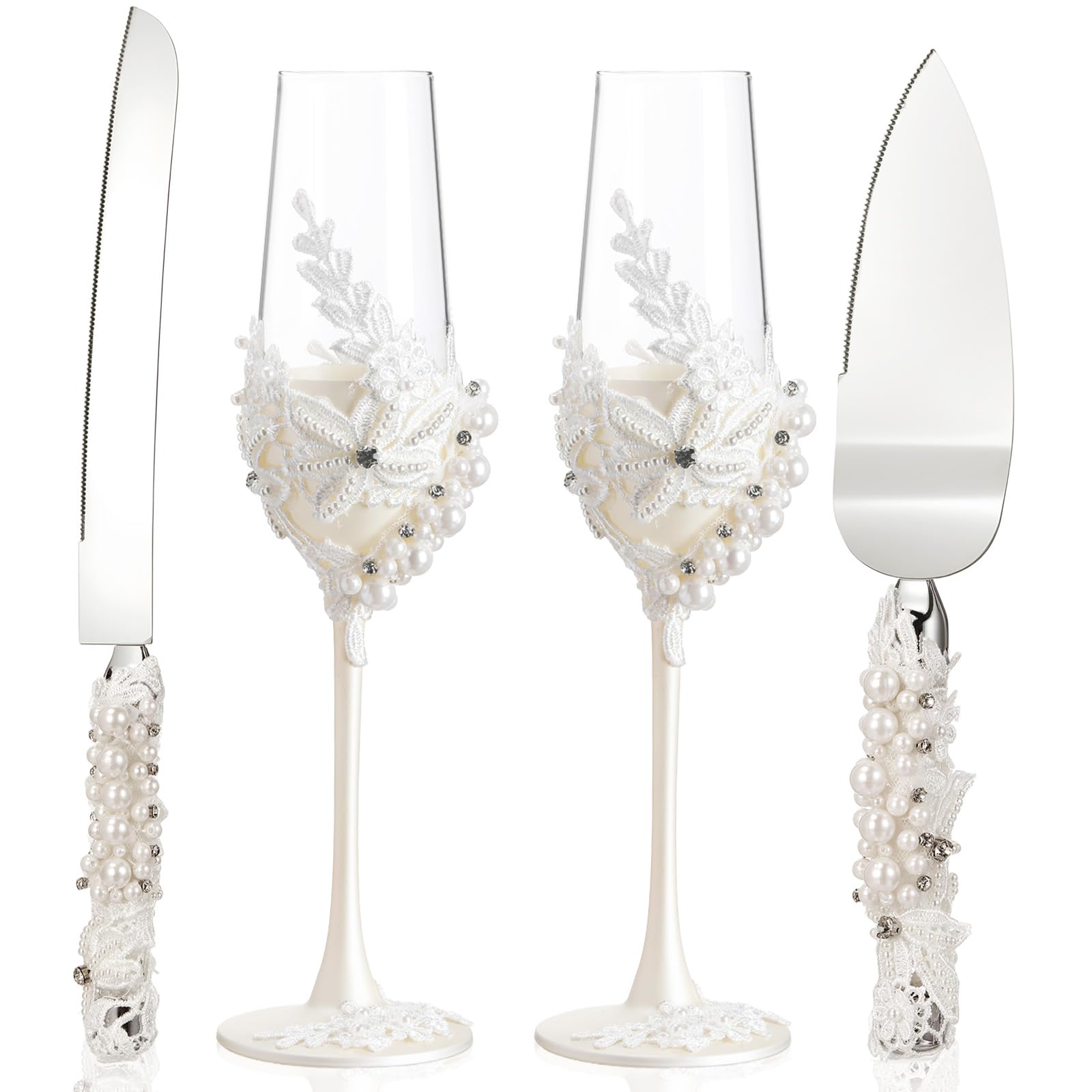 Pearl Wedding Champagne Flutes and Cake Server Set 4 Piece Bridal Gift Set