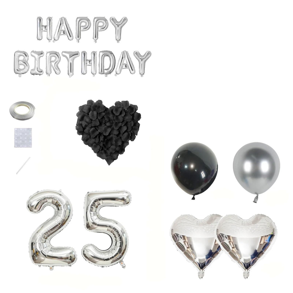 Black Silver Party Balloon Decoration Set with Heart Foil Balloons and Birthday Banner