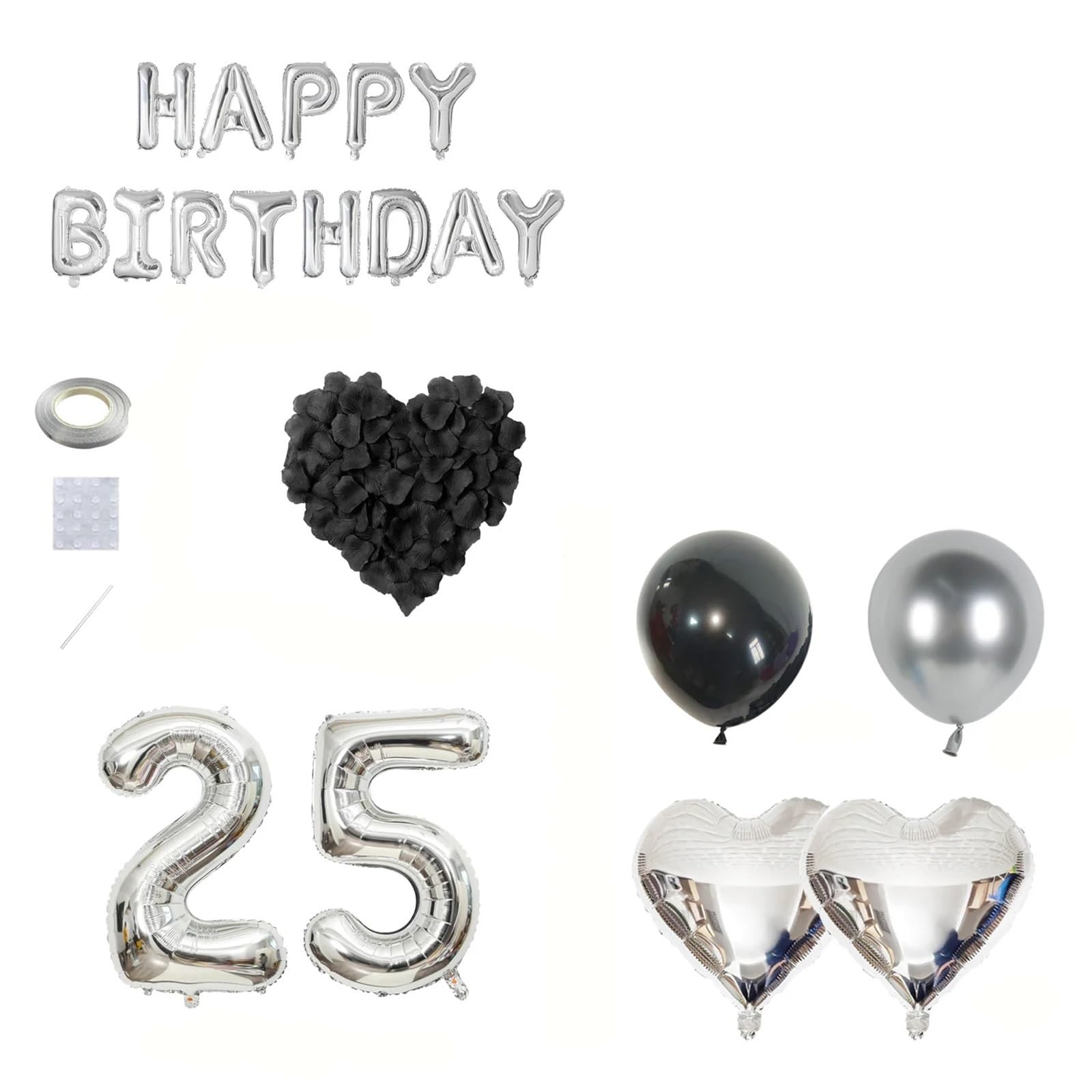Black Silver Party Balloon Decoration Set with Heart Foil Balloons and Birthday Banner