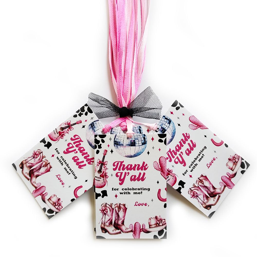 Disco Cowgirl Thank You Gift Tags, Birthday Party Favor Tags, Set of 24