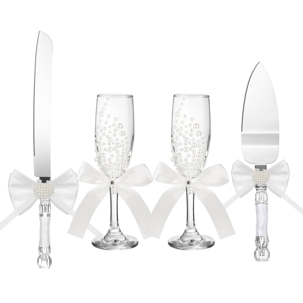 Pearl Wedding Champagne Flutes and Cake Server Set 4 Piece Bridal Gift Set