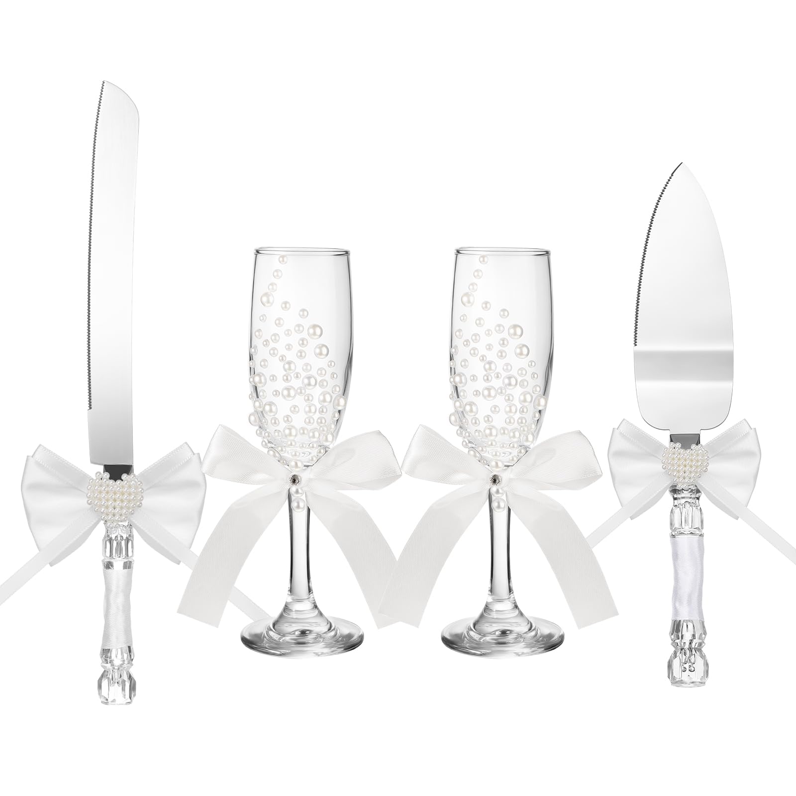 Pearl Wedding Champagne Flutes and Cake Server Set 4 Piece Bridal Gift Set