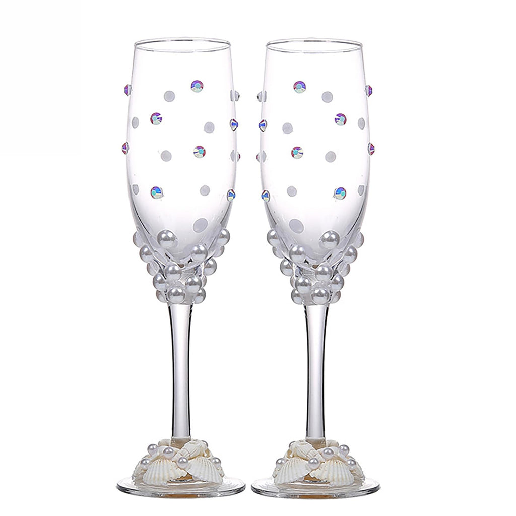 Bride and Groom Pearl Champagne Glass Set 2 Piece Wedding Toasting Gift Set