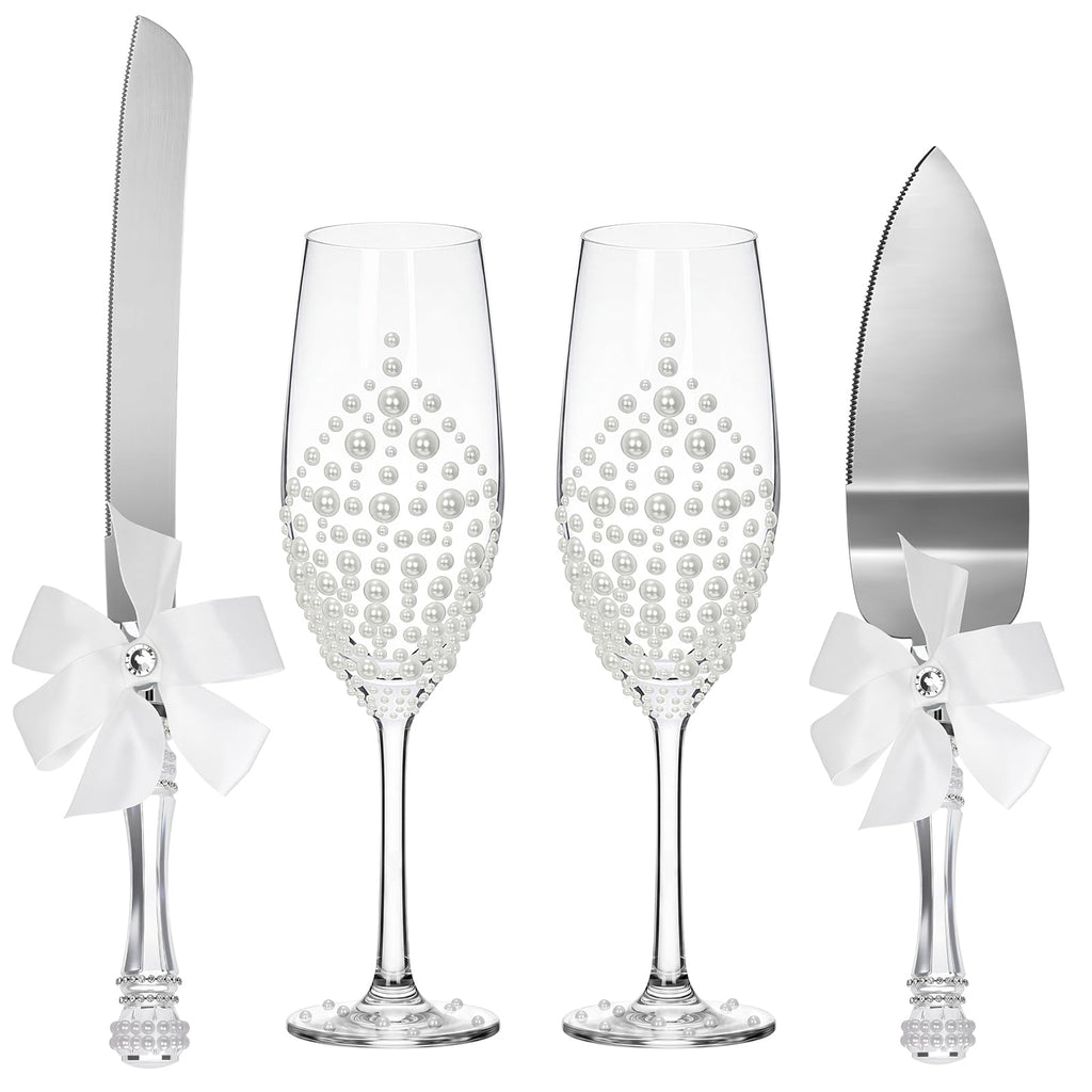 Pearl Wedding Champagne Flutes and Cake Server Set 4 Piece Bridal Gift Set