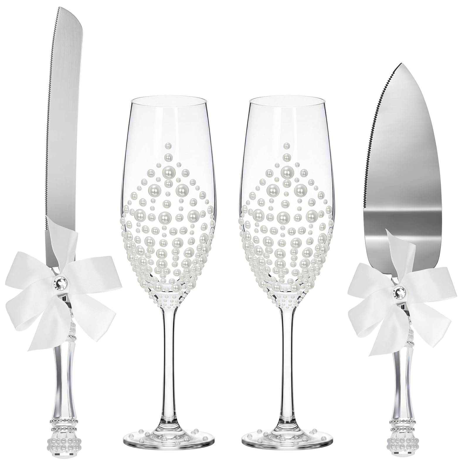 Pearl Wedding Champagne Flutes and Cake Server Set 4 Piece Bridal Gift Set