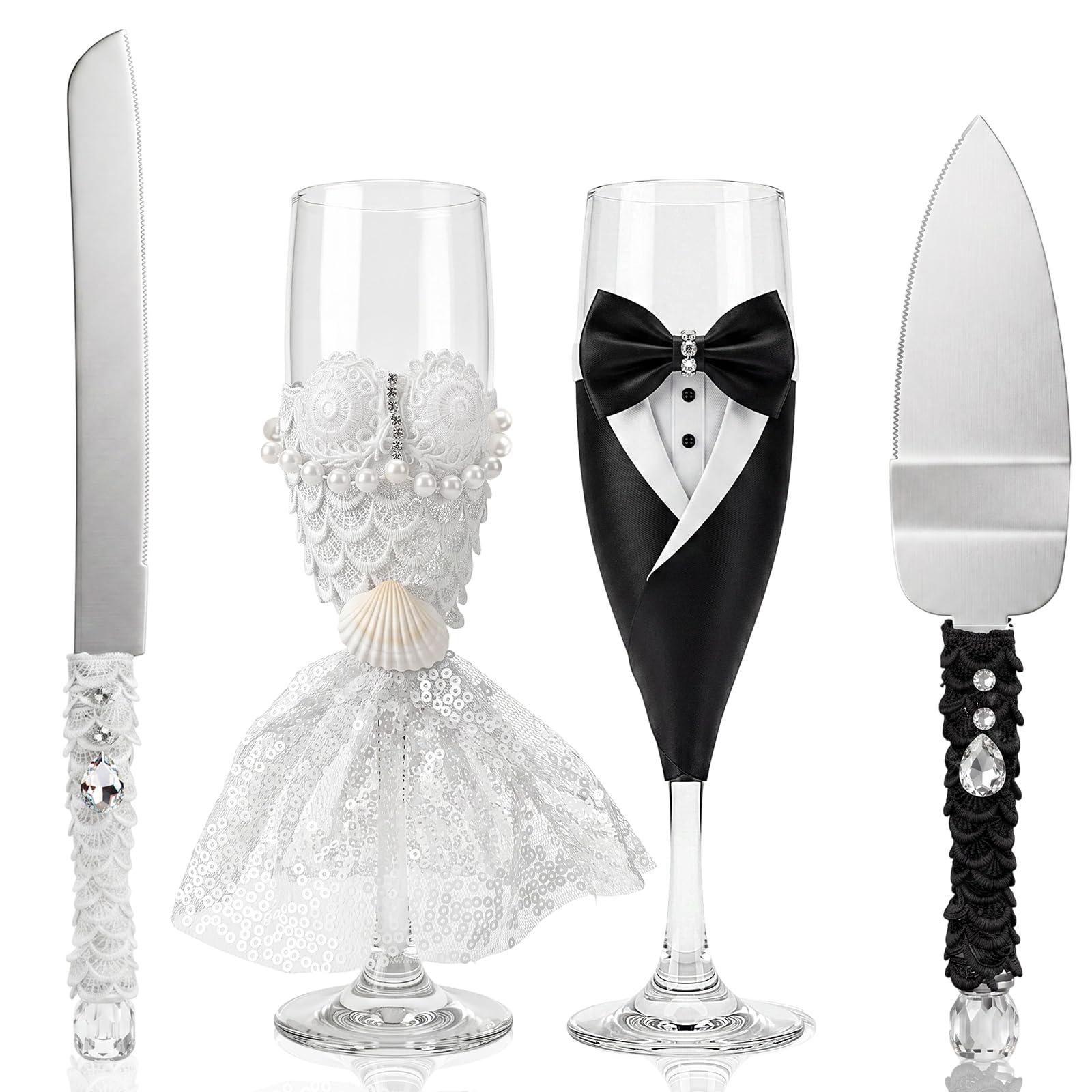Pearl Wedding Champagne Flutes and Cake Server Set 4 Piece Bridal Gift Set