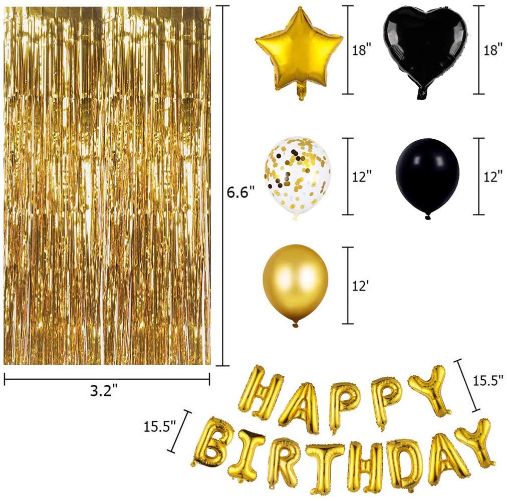 Black Gold Birthday Balloon Decoration Kit with Foil Fringe Curtains and Banner
