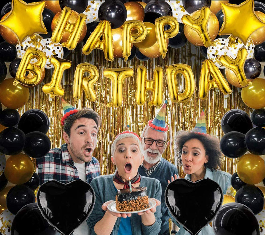Black Gold Birthday Balloon Decoration Kit with Foil Fringe Curtains and Banner