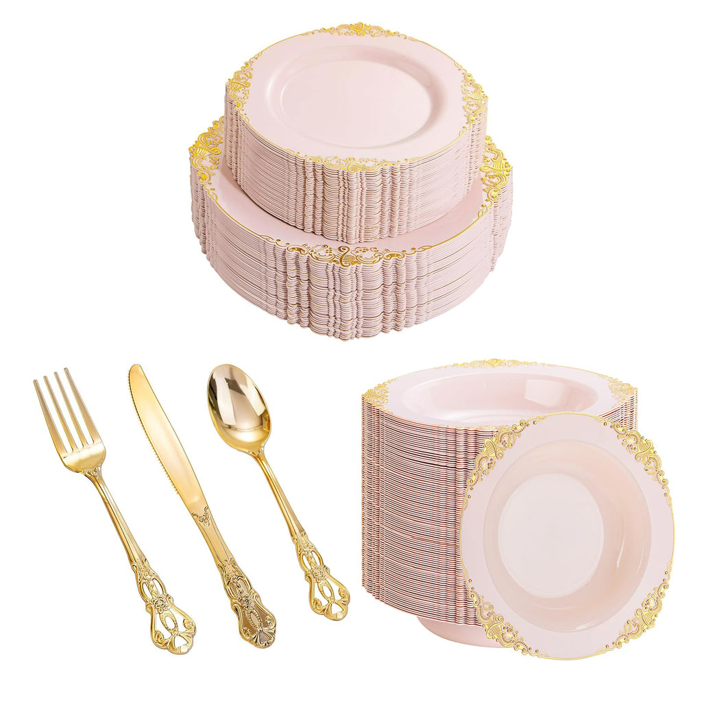 Pink and Gold Plastic Dinnerware Set 350 Pcs