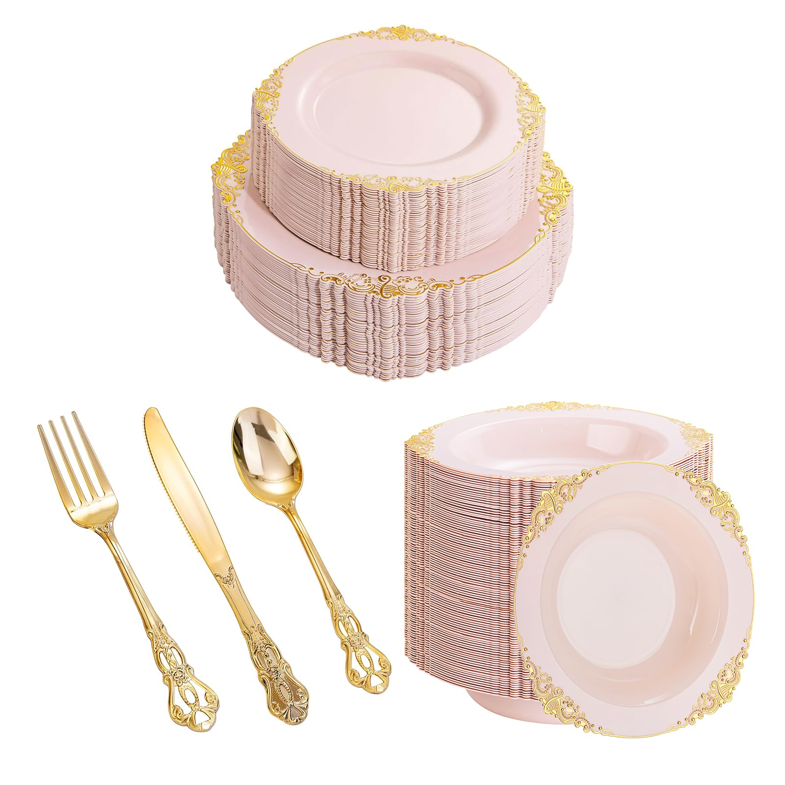 Pink and Gold Plastic Dinnerware Set 350 Pcs