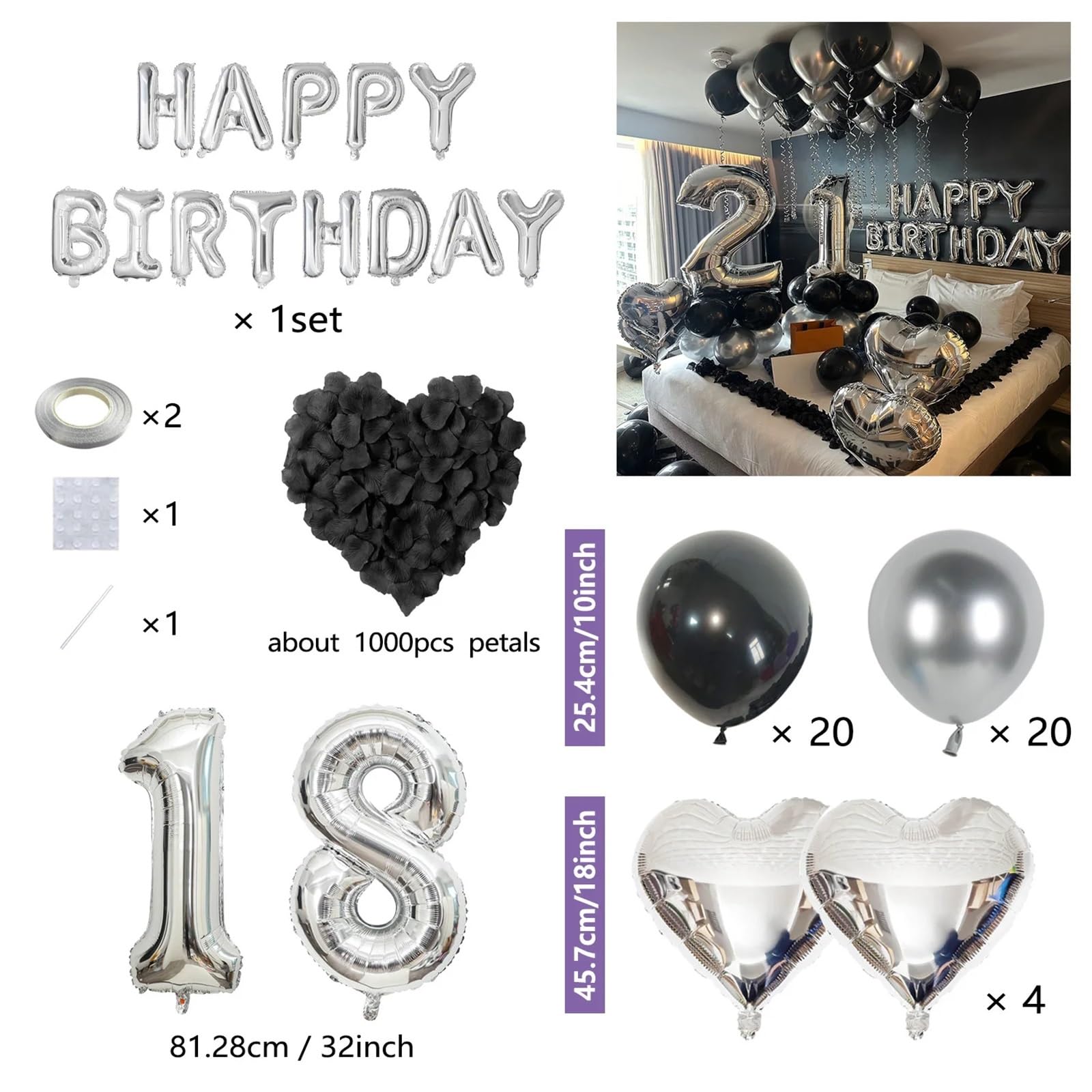 Black Silver Party Balloon Decoration Set with Heart Foil Balloons and Birthday Banner