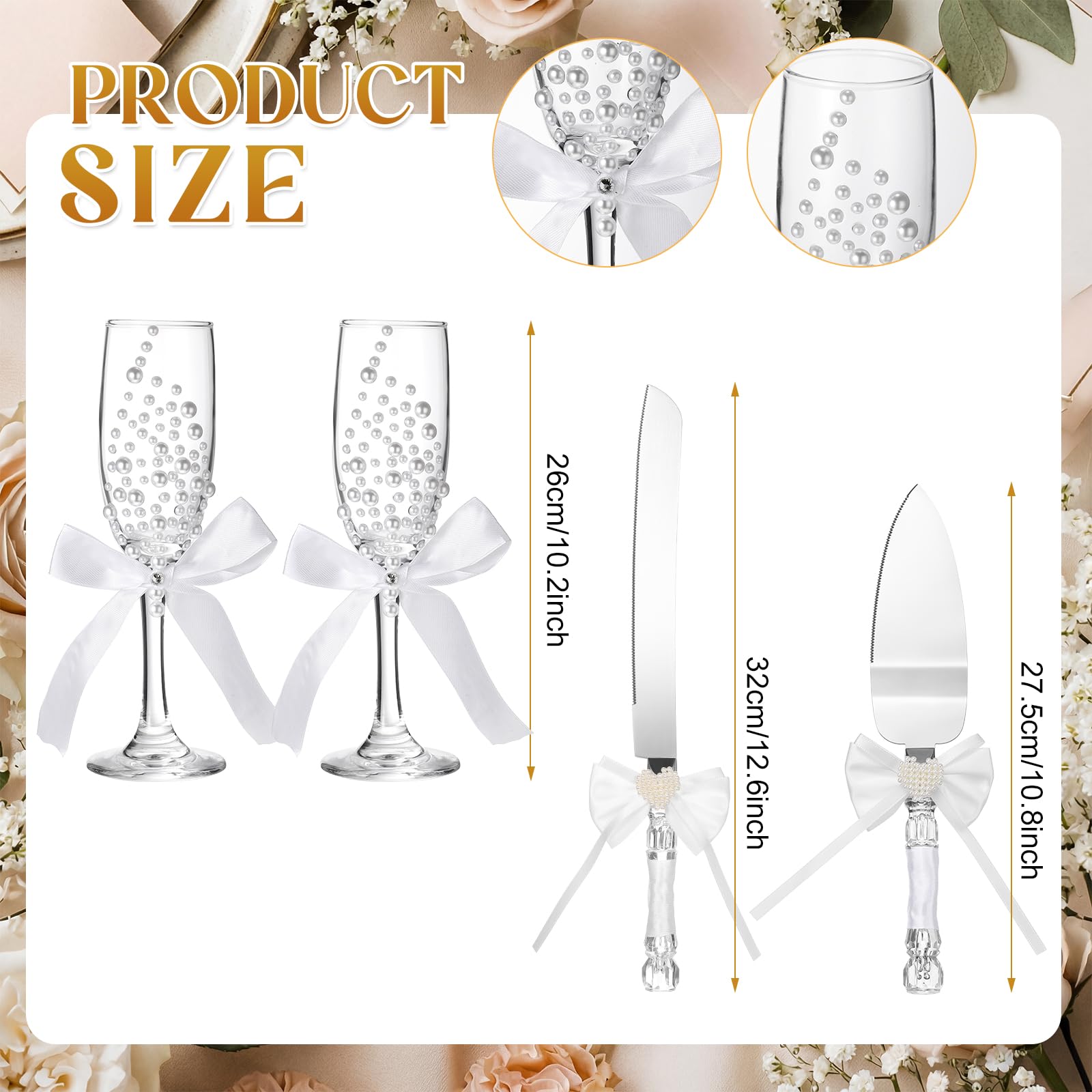Pearl Wedding Champagne Flutes and Cake Server Set 4 Piece Bridal Gift Set