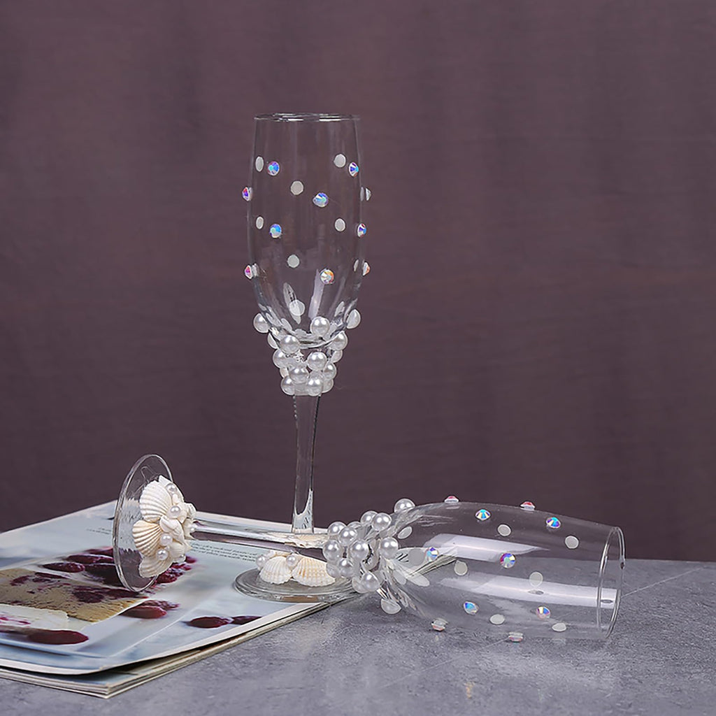 Bride and Groom Pearl Champagne Glass Set 2 Piece Wedding Toasting Gift Set