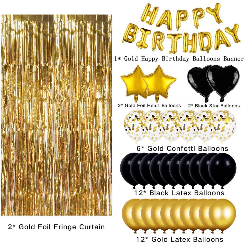 Black Gold Birthday Balloon Decoration Kit with Foil Fringe Curtains and Banner