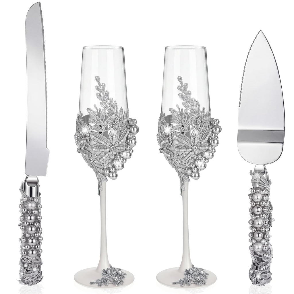 Pearl Wedding Champagne Flutes and Cake Server Set 4 Piece Bridal Gift Set