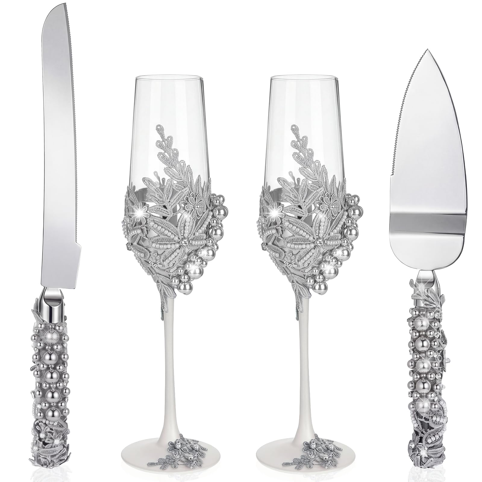 Pearl Wedding Champagne Flutes and Cake Server Set 4 Piece Bridal Gift Set