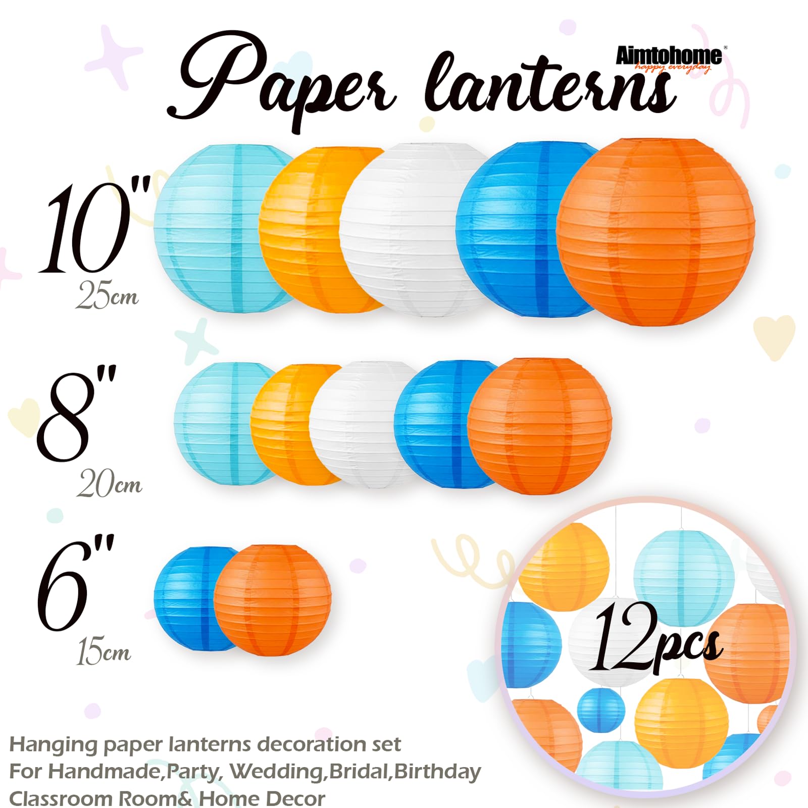 AimtoHome Paper Lanterns Set (12 Pcs) - 6/8/10 Inch
