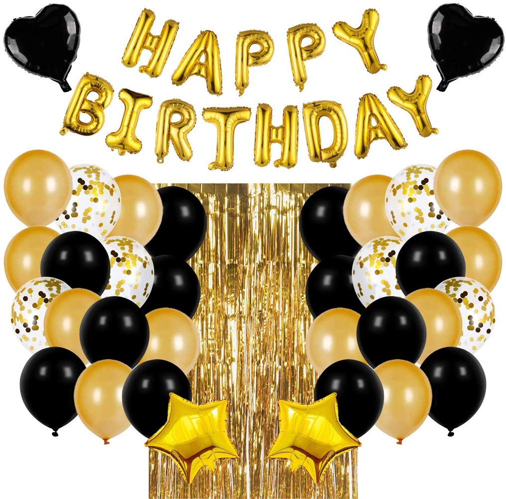 Black Gold Birthday Balloon Decoration Kit with Foil Fringe Curtains and Banner