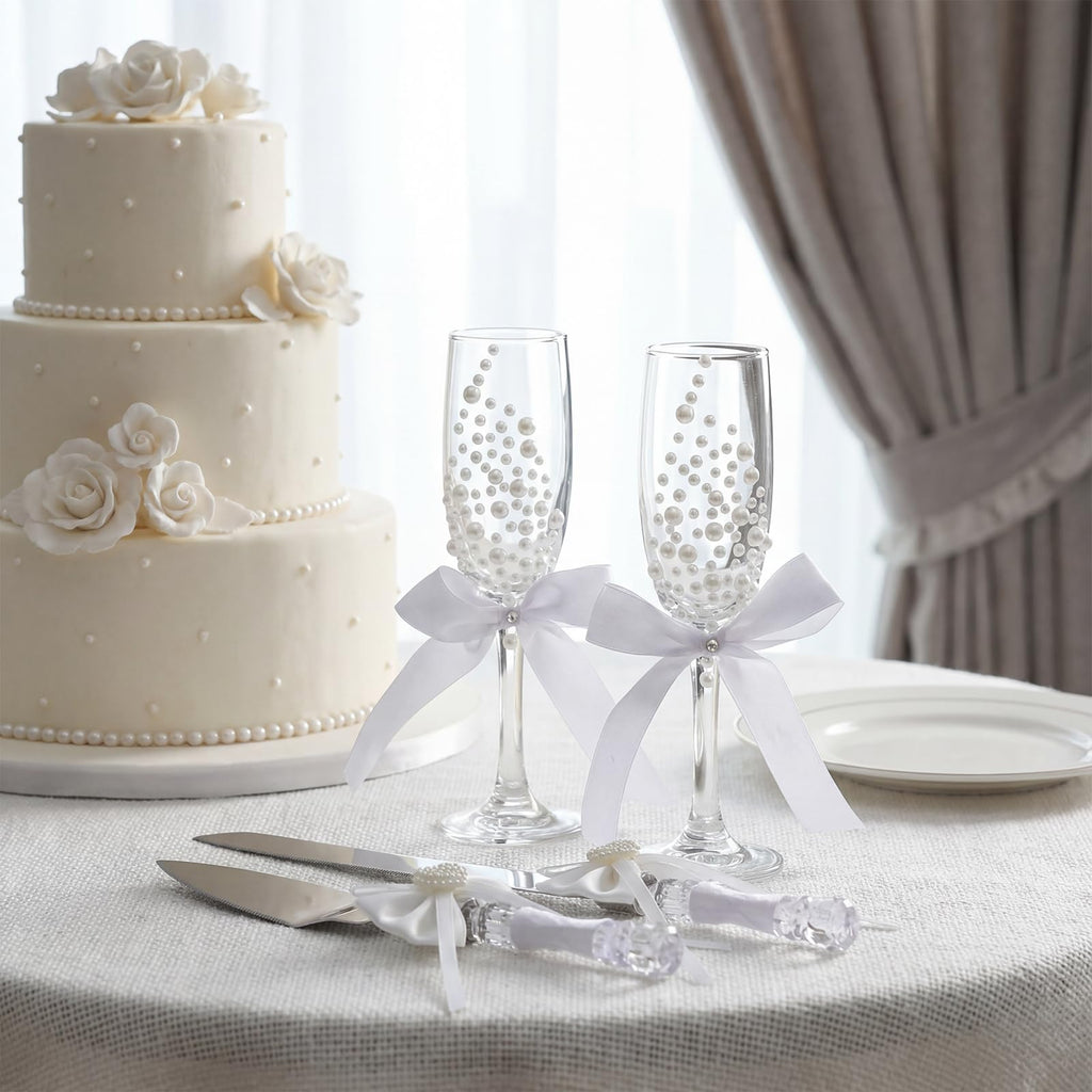 Pearl Wedding Champagne Flutes and Cake Server Set 4 Piece Bridal Gift Set
