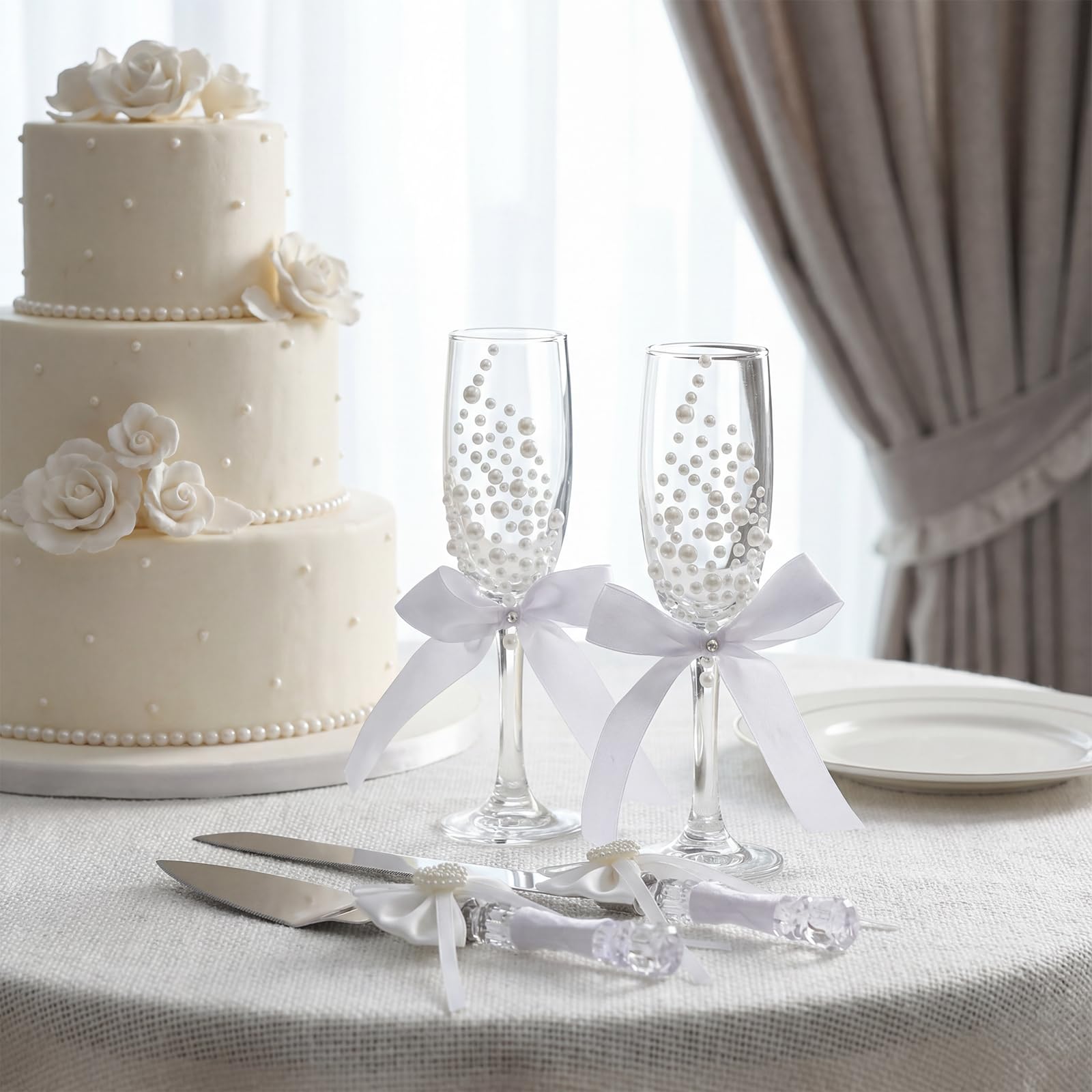 Pearl Wedding Champagne Flutes and Cake Server Set 4 Piece Bridal Gift Set