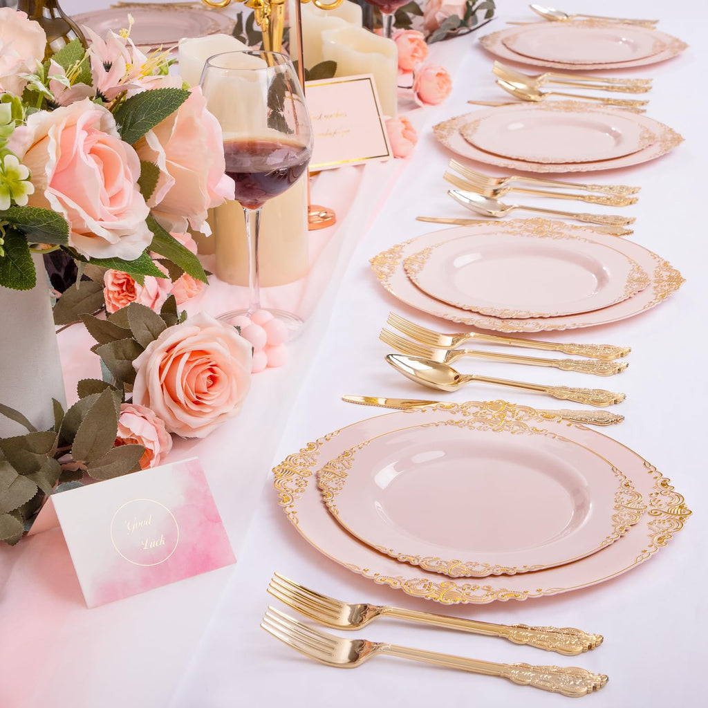 Pink and Gold Plastic Dinnerware Set 350 Pcs