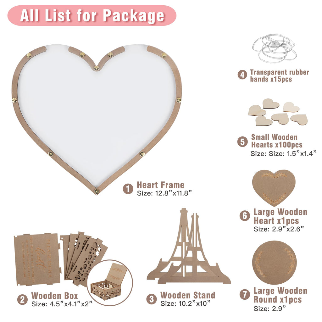 Rustic Wooden Wedding Guest Book Drop Top Frame with Hearts and Stand