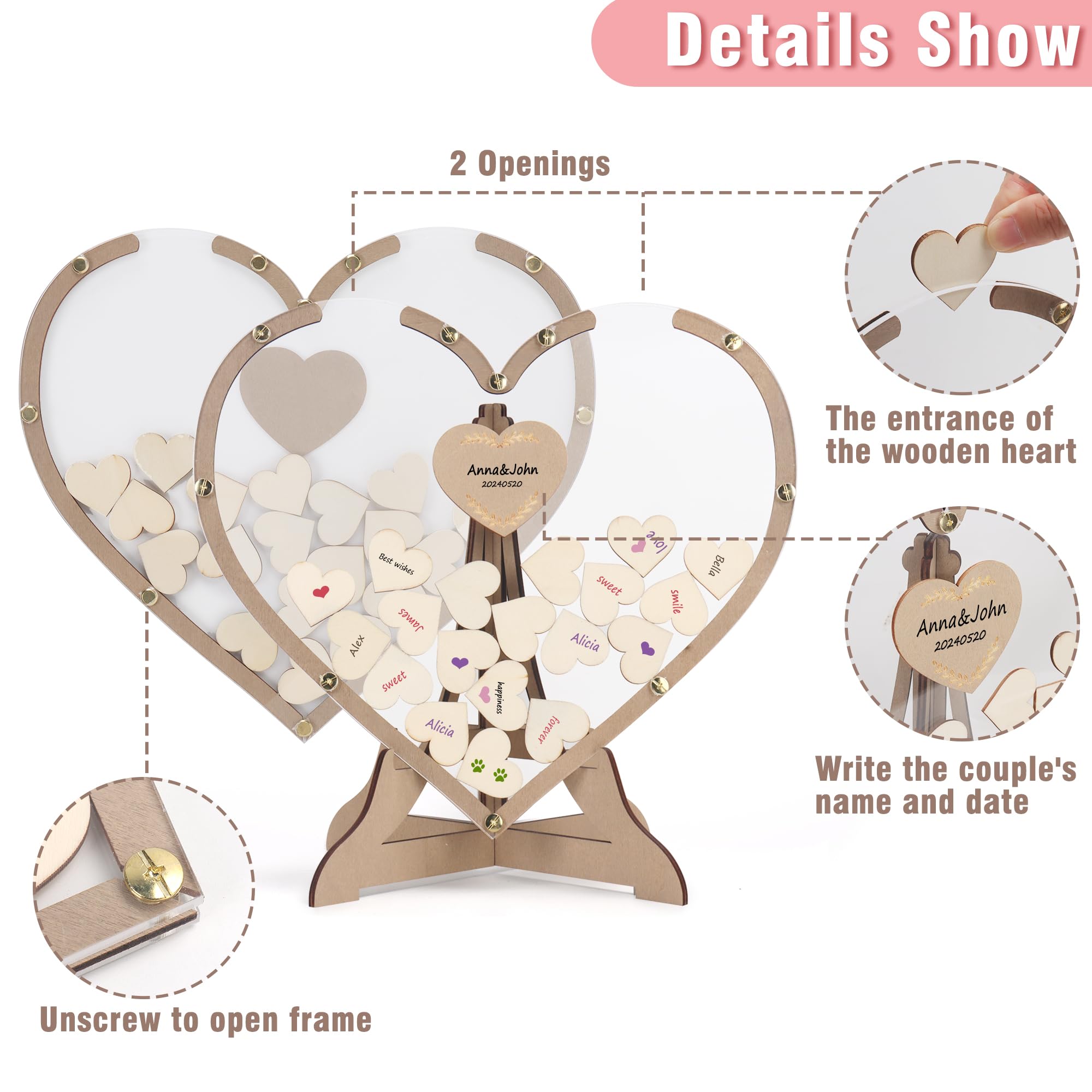 Rustic Wooden Wedding Guest Book Drop Top Frame with Hearts and Stand