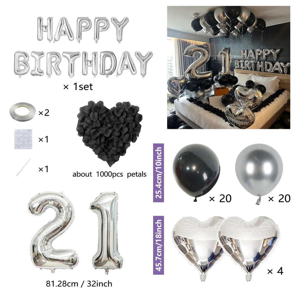 Black Silver Party Balloon Decoration Set with Heart Foil Balloons and Birthday Banner