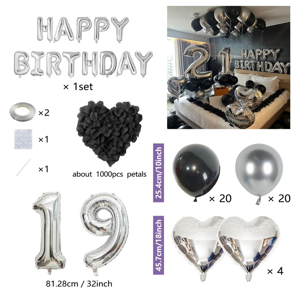 Black Silver Party Balloon Decoration Set with Heart Foil Balloons and Birthday Banner
