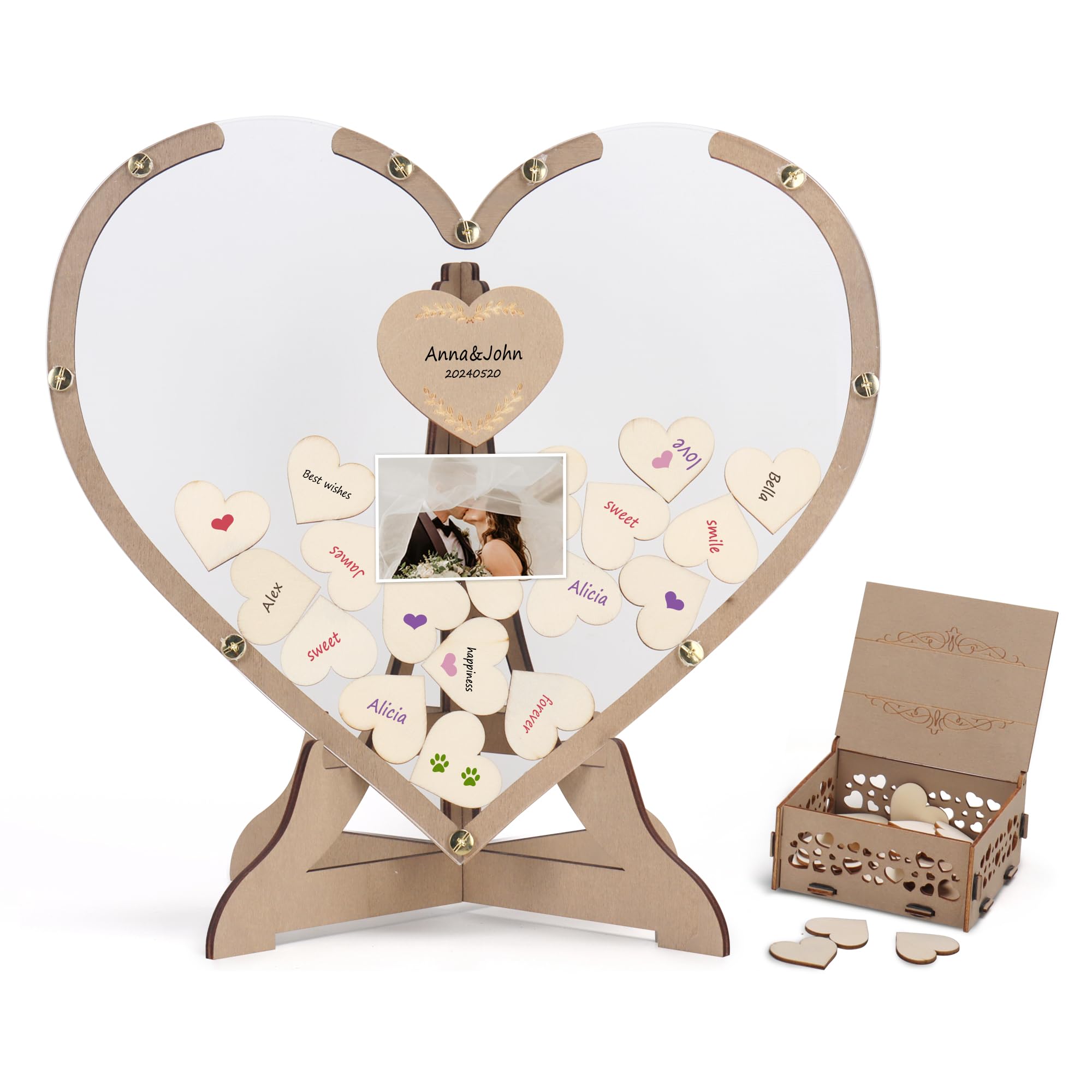 Rustic Wooden Wedding Guest Book Drop Top Frame with Hearts and Stand