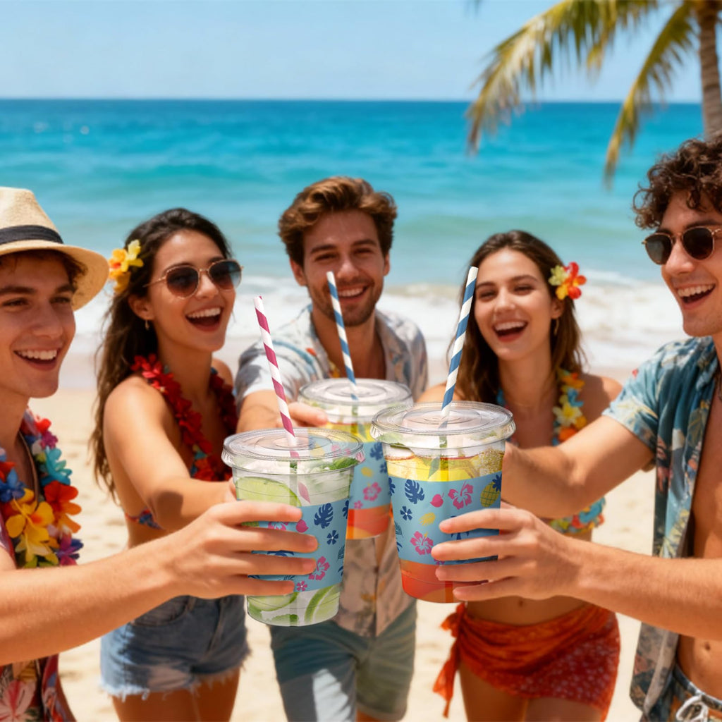 Tropical Party Cups with Lids and Straws 14 Oz 60 Set