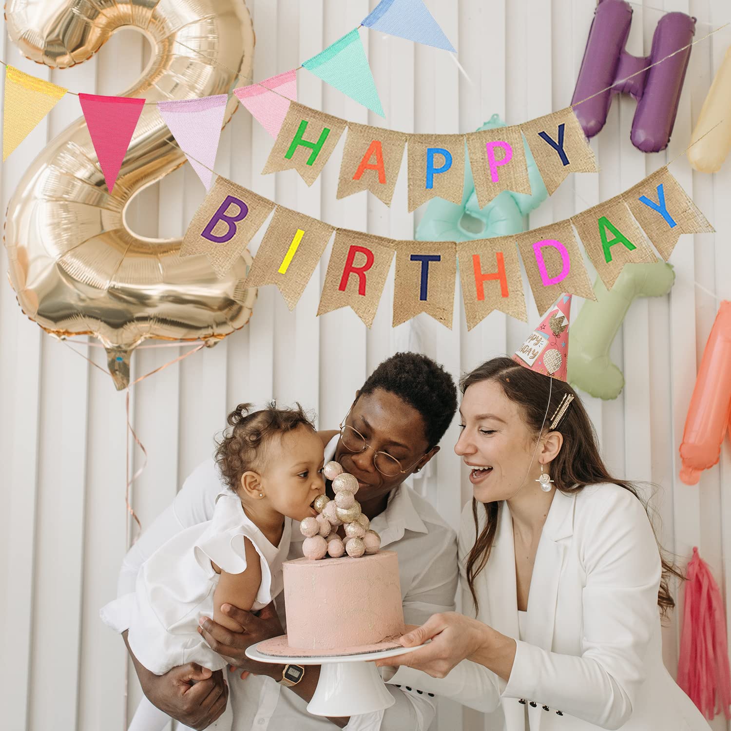 Happy Birthday Linen Bunting Banner Colorful Party Decoration