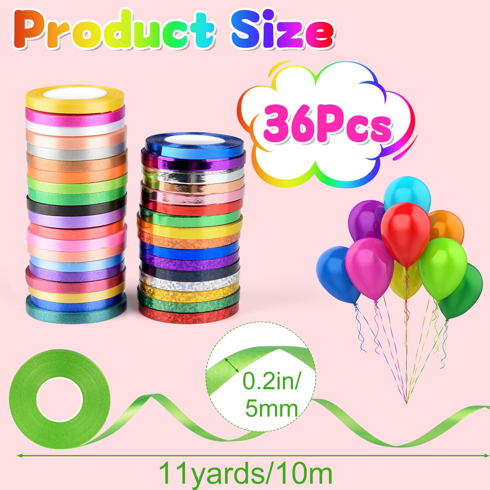 Curling Ribbon Assorted Colors 36 Rolls Gift Wrapping and Balloon Ribbon
