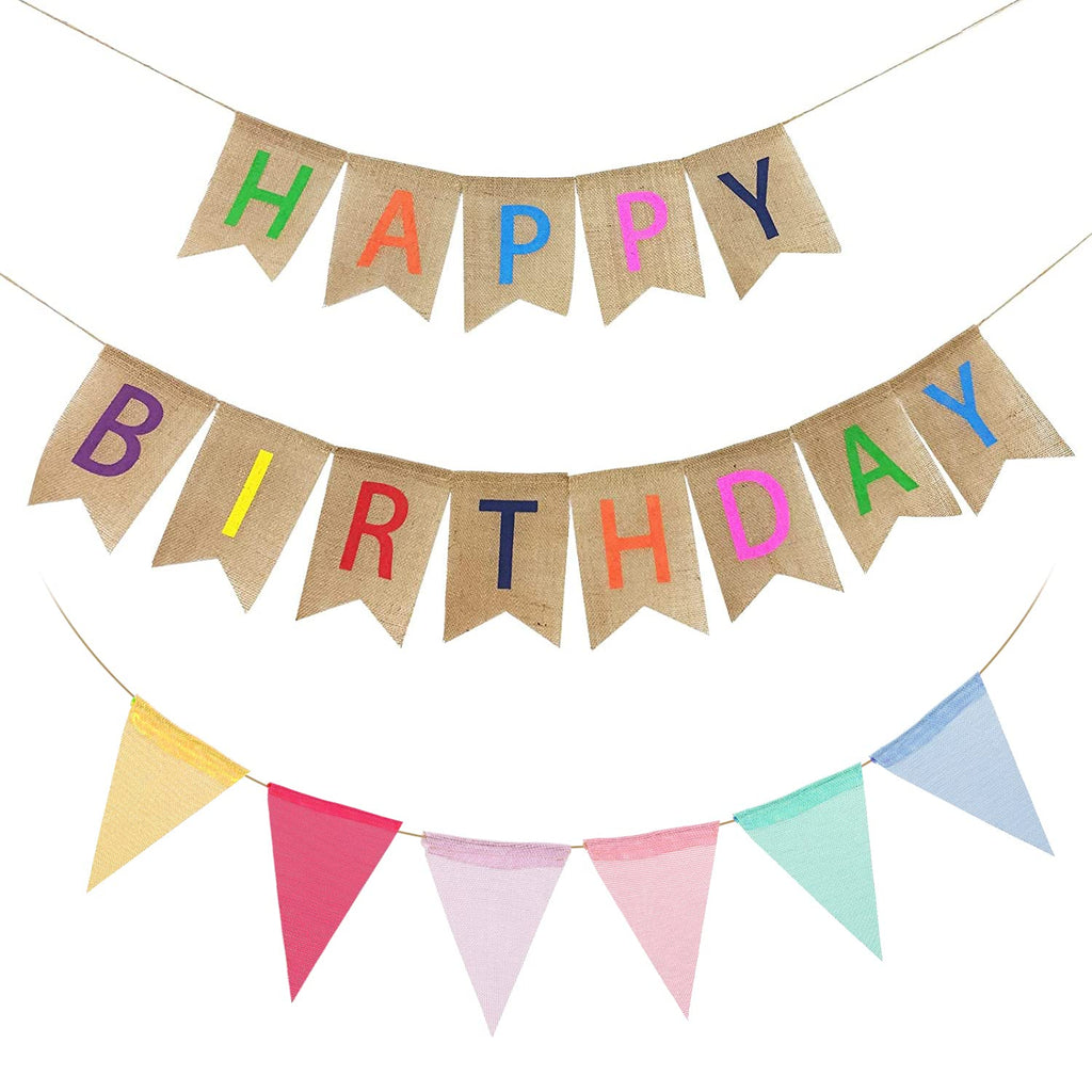 Happy Birthday Linen Bunting Banner Colorful Party Decoration