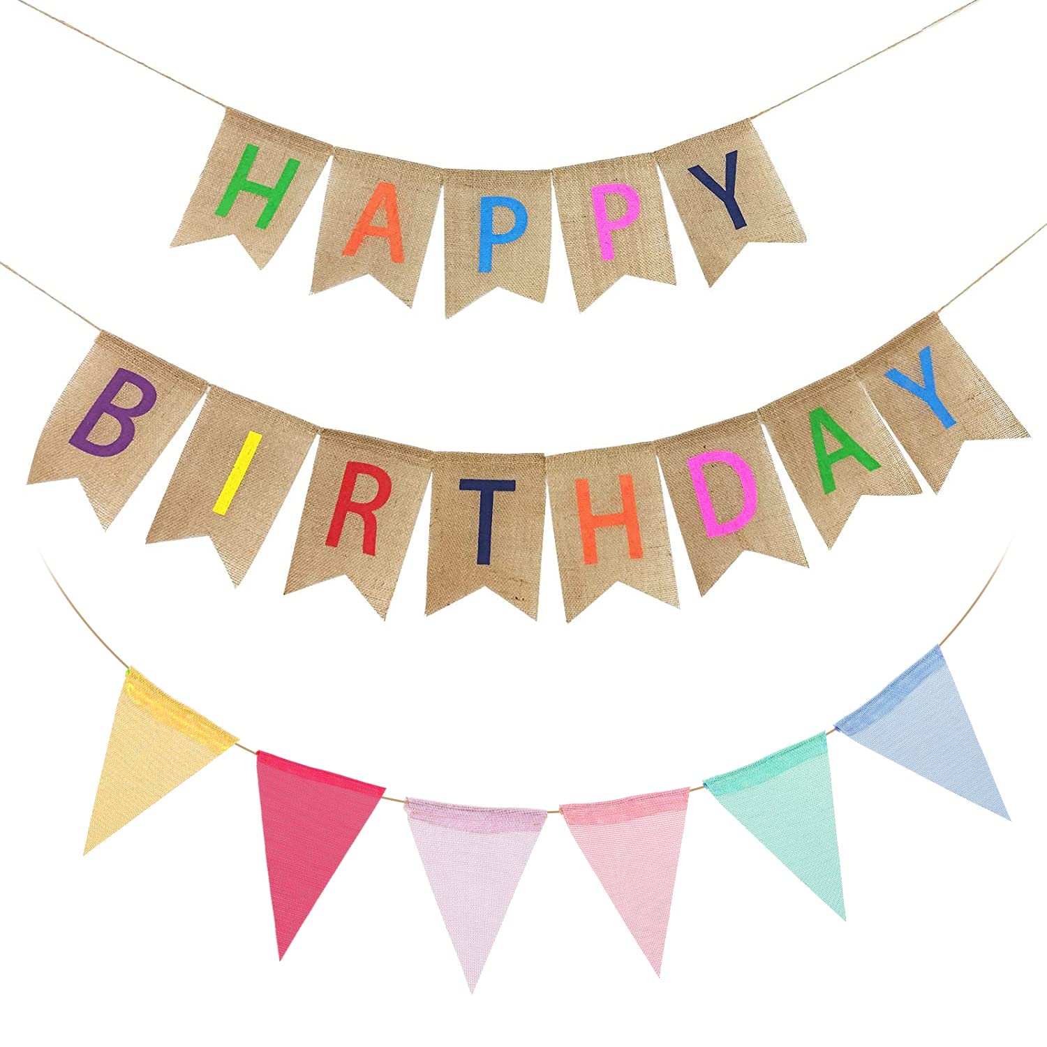 Happy Birthday Linen Bunting Banner Colorful Party Decoration