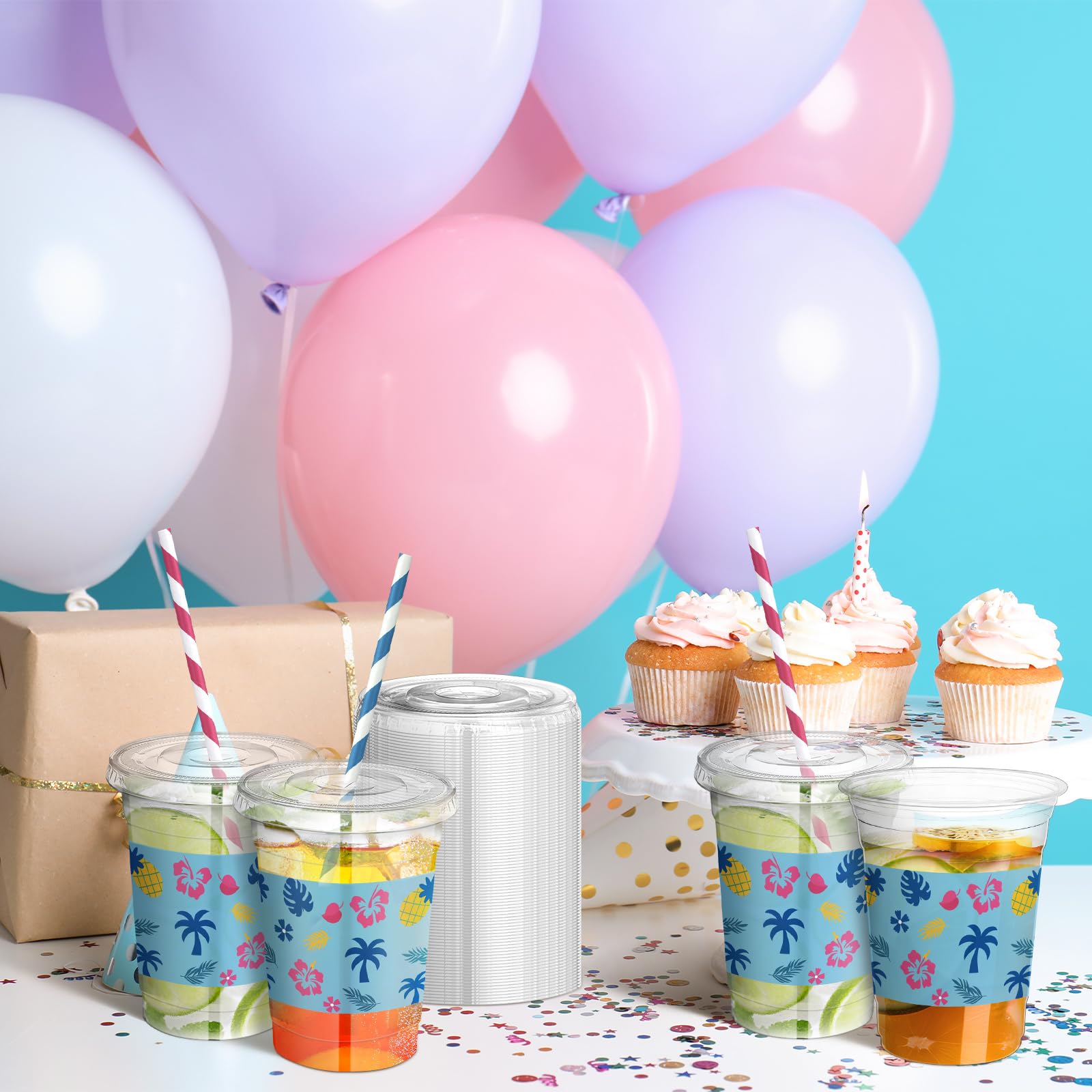 Tropical Party Cups with Lids and Straws 14 Oz 60 Set
