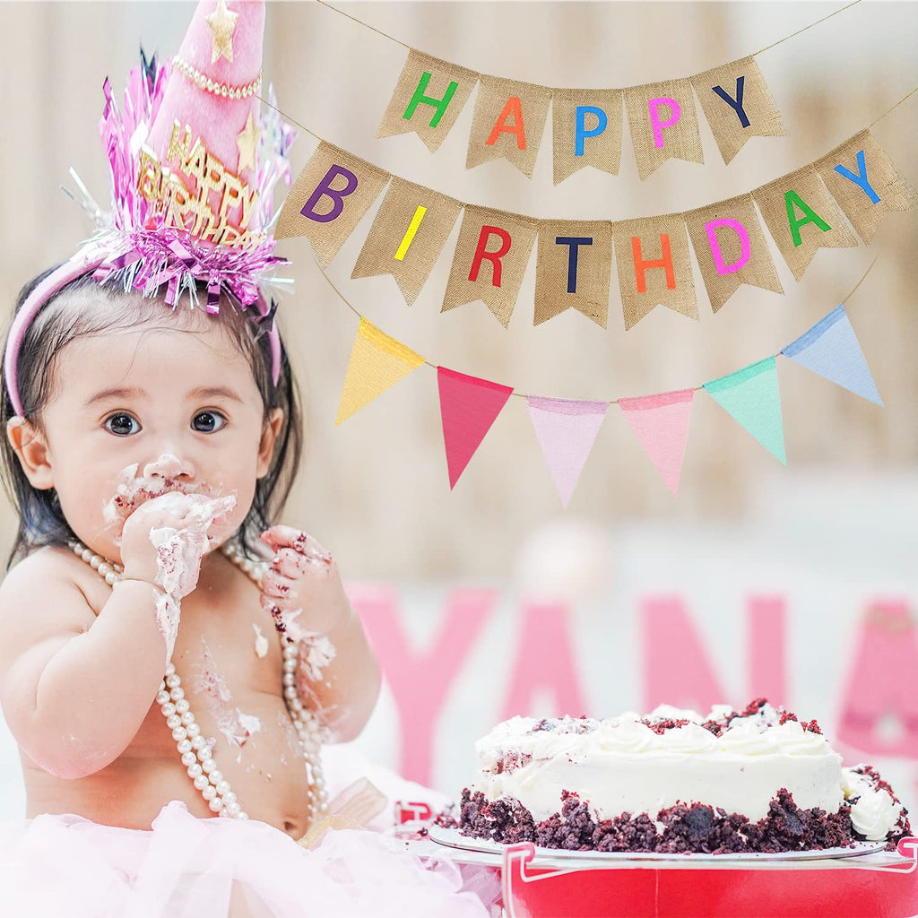 Happy Birthday Linen Bunting Banner Colorful Party Decoration