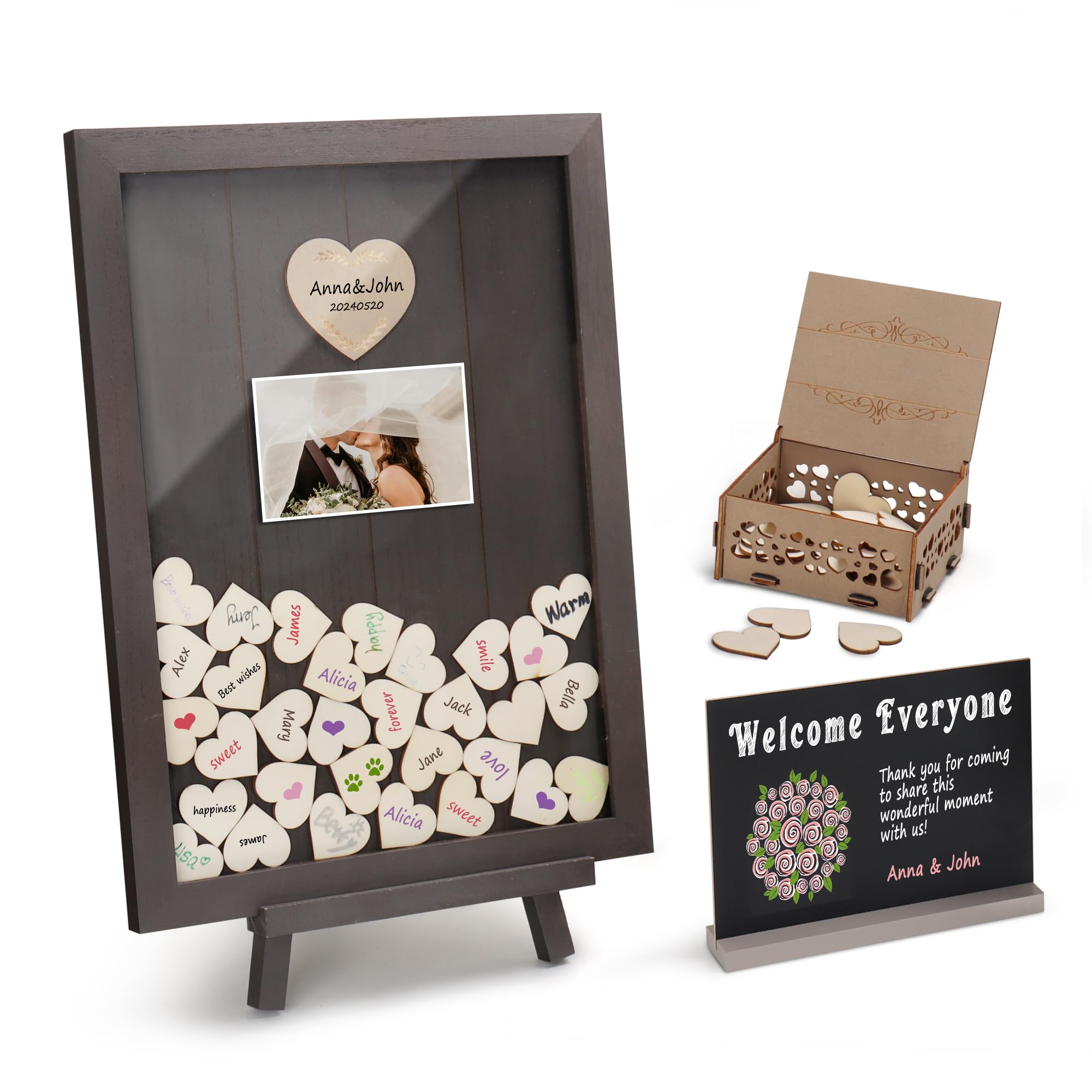 Rustic Wooden Wedding Guest Book Drop Top Frame with Hearts and Stand
