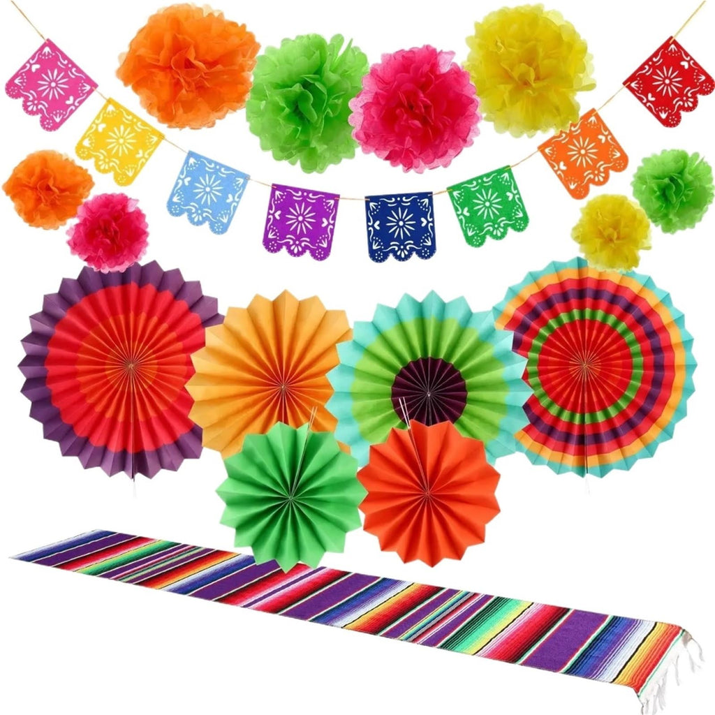 Paper Fan Party Decoration Set with Rainbow Tassel Garland and Banner 6 Pcs