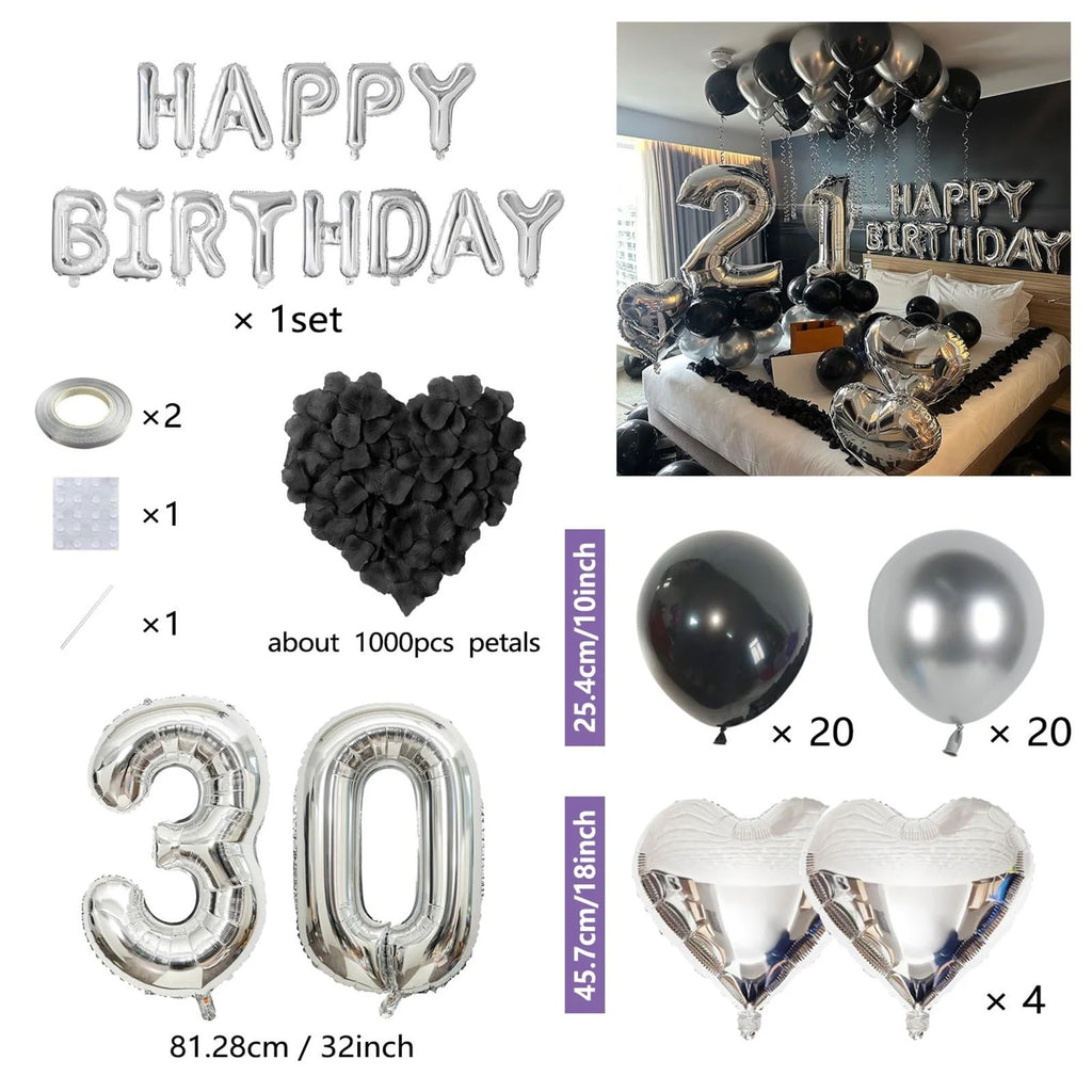Black Silver Party Balloon Decoration Set with Heart Foil Balloons and Birthday Banner