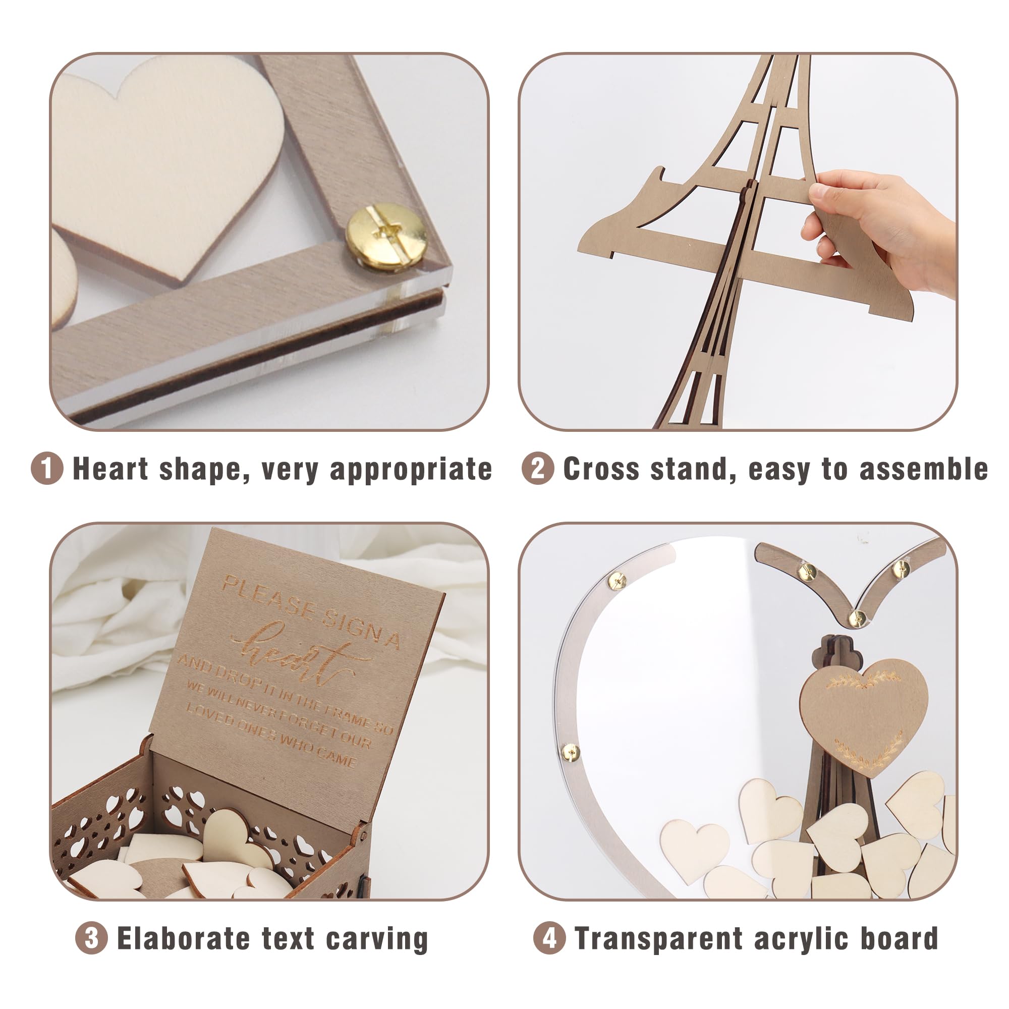Rustic Wooden Wedding Guest Book Drop Top Frame with Hearts and Stand