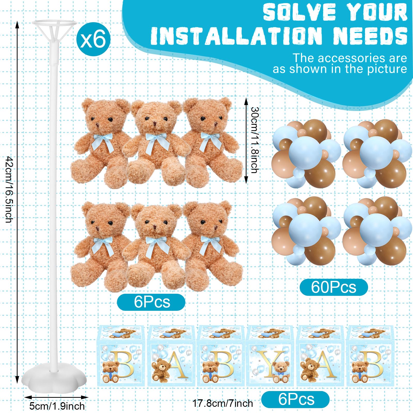 Baby Letter Box Decoration Set with Plush Bears and Balloon Stands 6 Piece Set