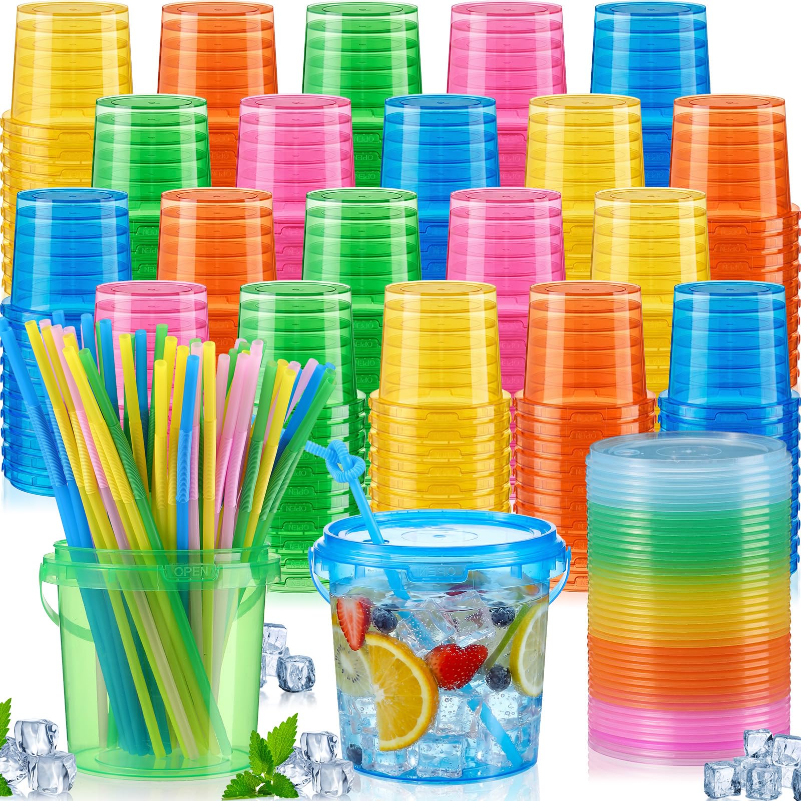 Plastic Drink Buckets with Lids and Straws Reusable Party Cups
