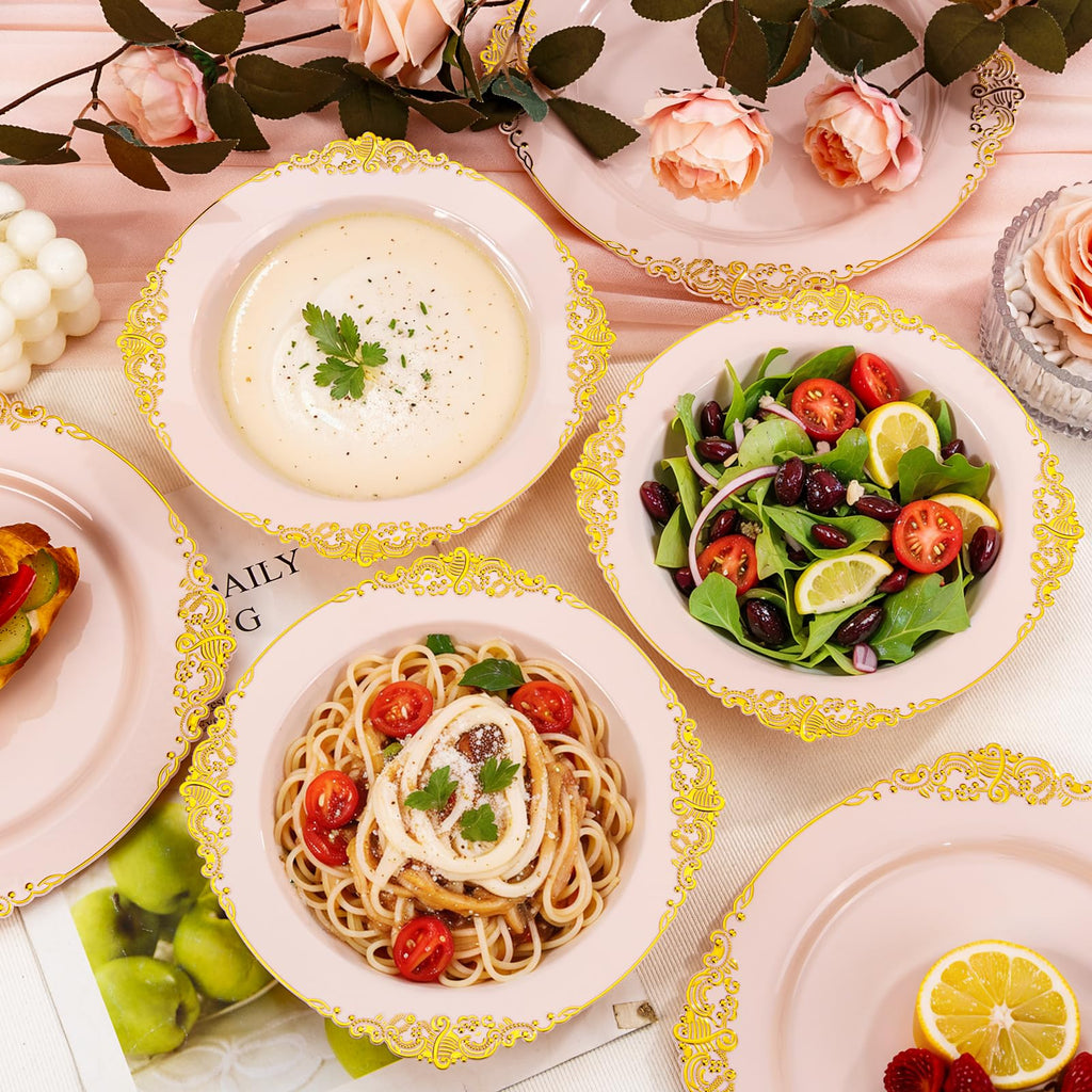 Pink and Gold Plastic Dinnerware Set 350 Pcs